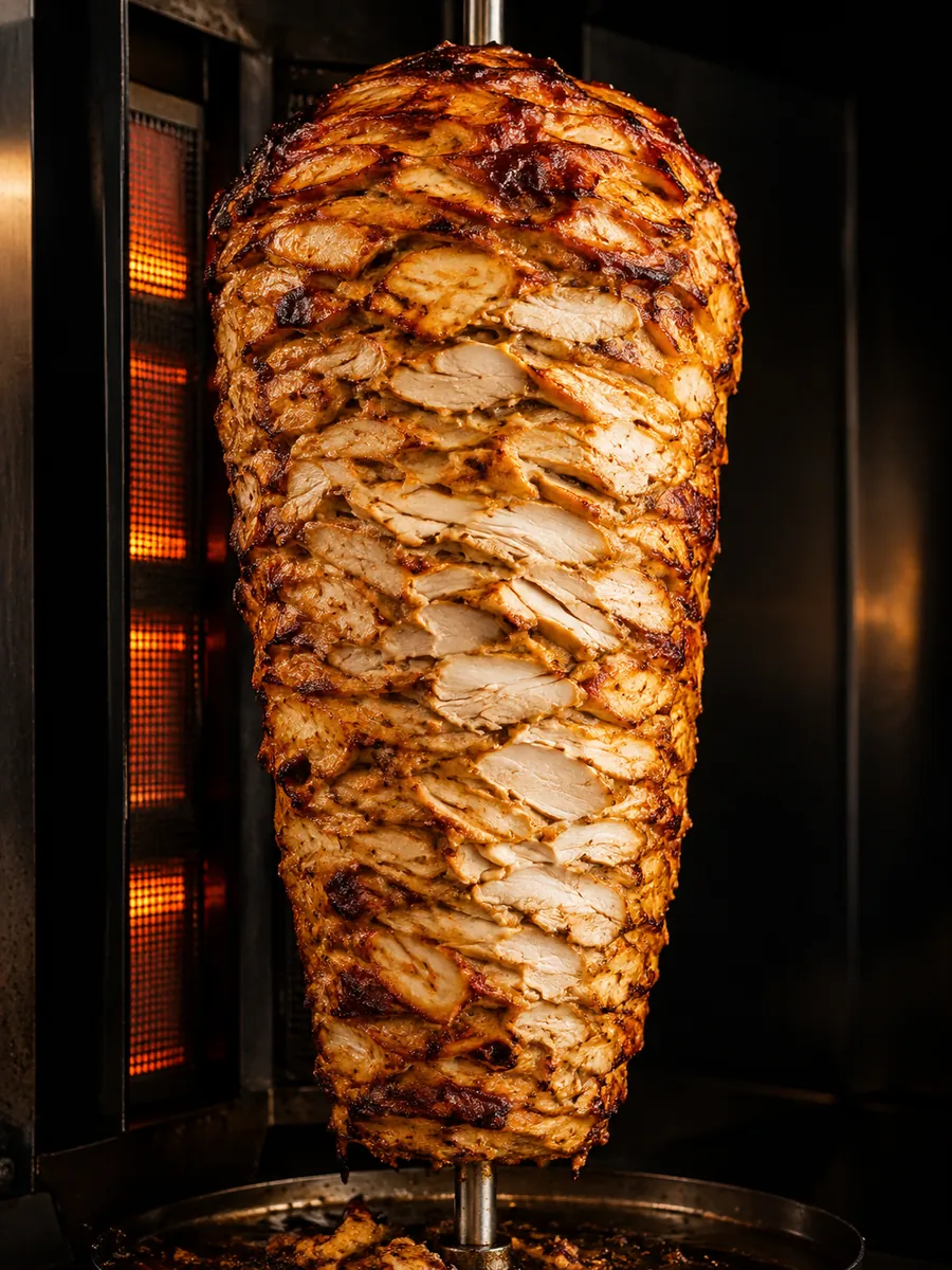 Detail opekaného kuracieho mäsa na kebabovom ražni